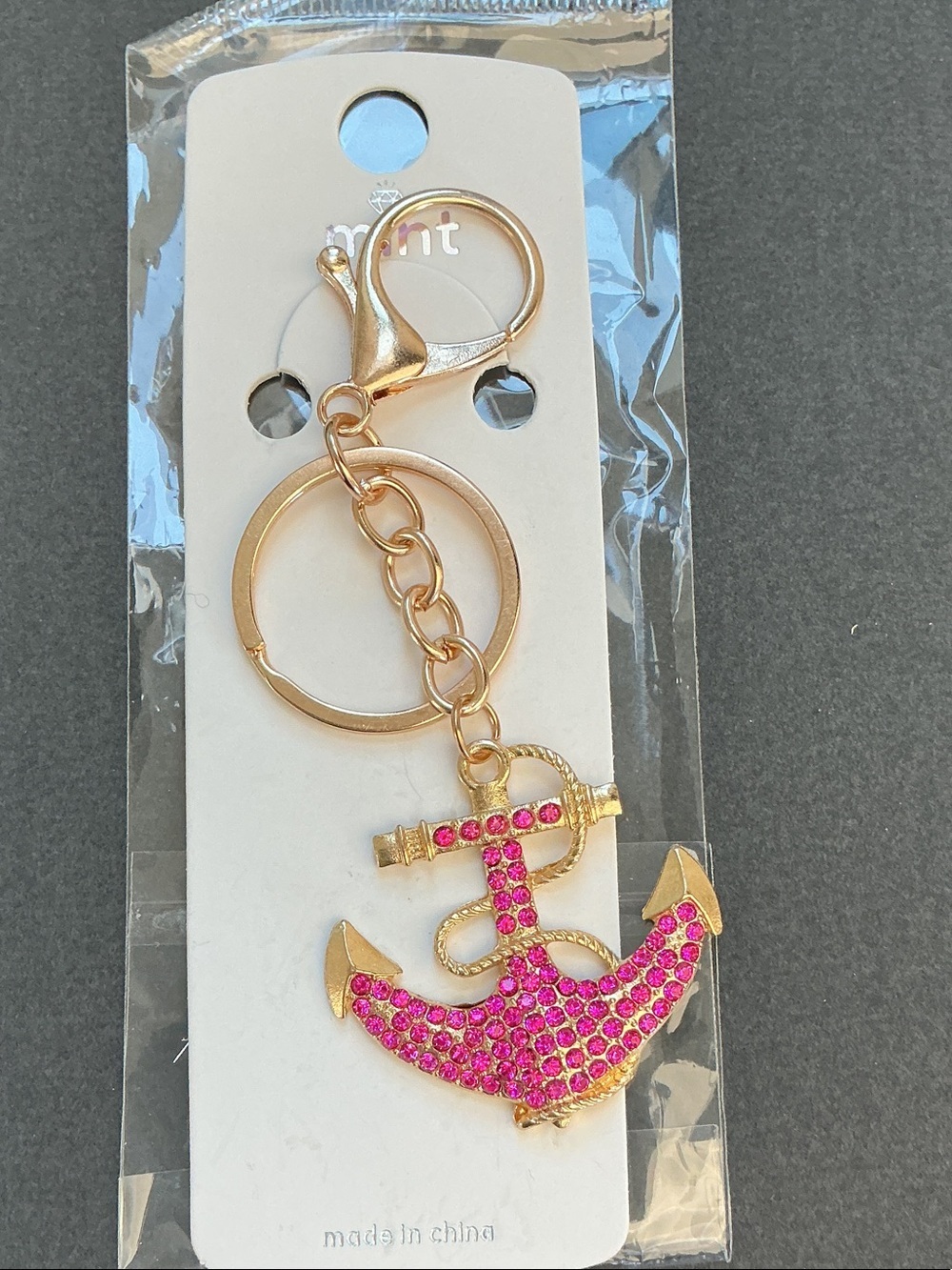 Mint Gold Anchor Keychain/bag charm with Pink Crystal Accent